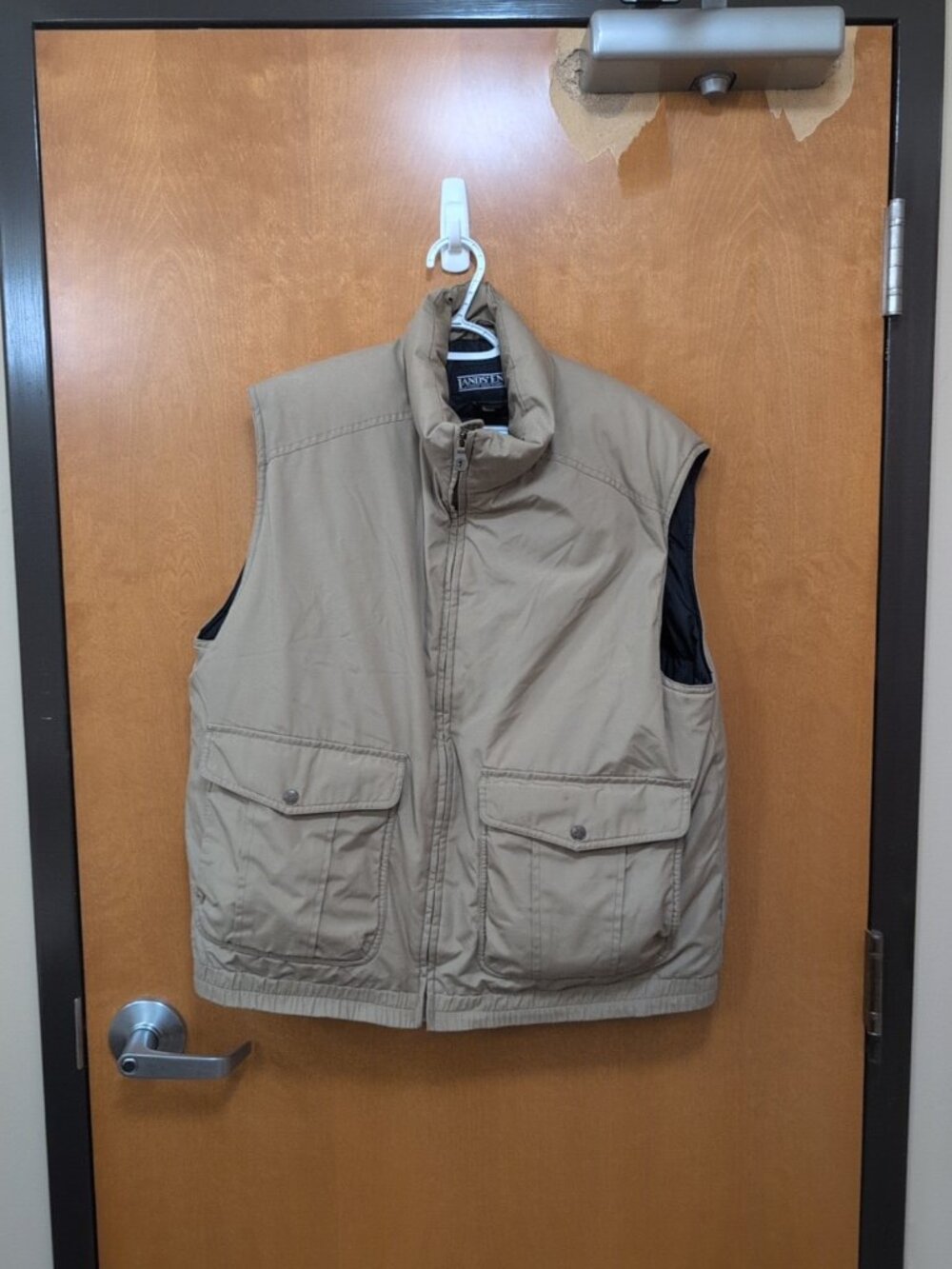 Lands‎ End Jacket Unisex L Tan Sleeveless Goose Down Puffer Solid Cargo